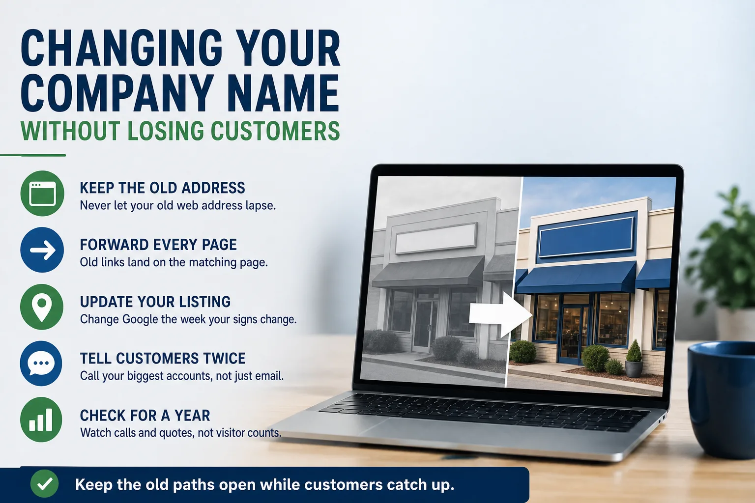 Infographic: changing your company name without losing the customers who find you - keep the old address, forward every page, update your listing, tell customers twice, and check for a year