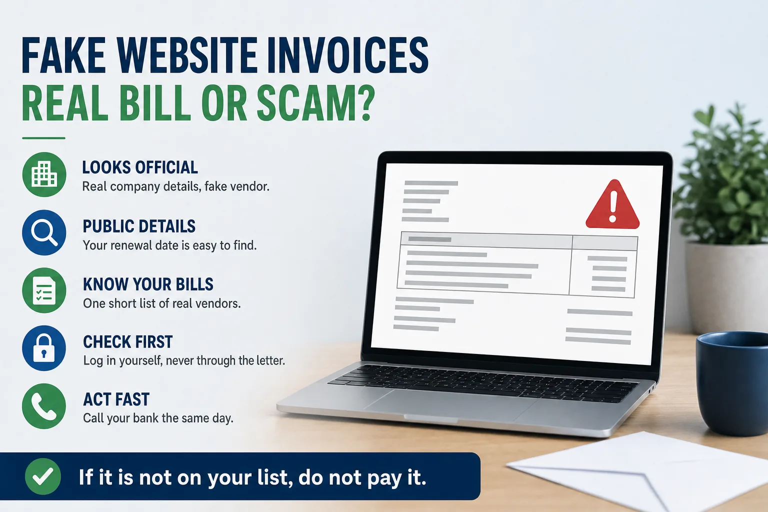 Infographic: fake website invoices, how to tell a real bill from a scam - looks official, public details, know your bills, check first, act fast