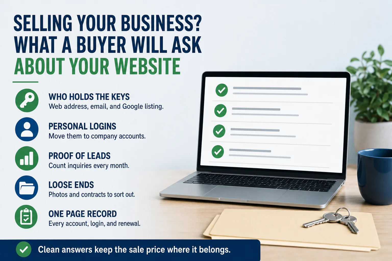Infographic: selling your business and what a buyer will ask about your website - who holds the keys, personal logins, proof of leads, loose ends, and a one page record