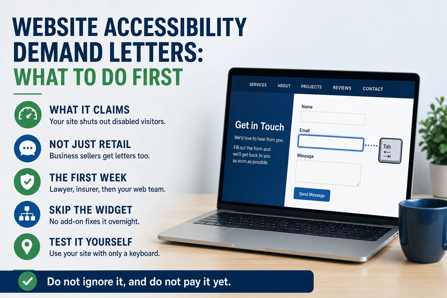 Infographic: website accessibility demand letters, what owners need to know - what it claims, not just retail, the first week, skip the widget, test it yourself