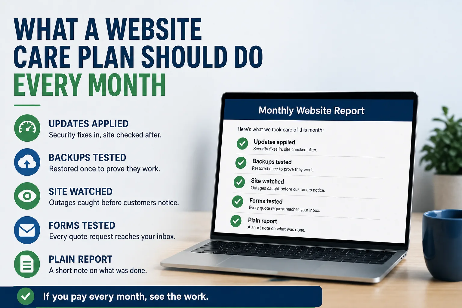 Infographic: what a website care plan should actually do every month - updates and security fixes, backups that are tested, someone watching the site and forms, renewals tracked, and a plain monthly report
