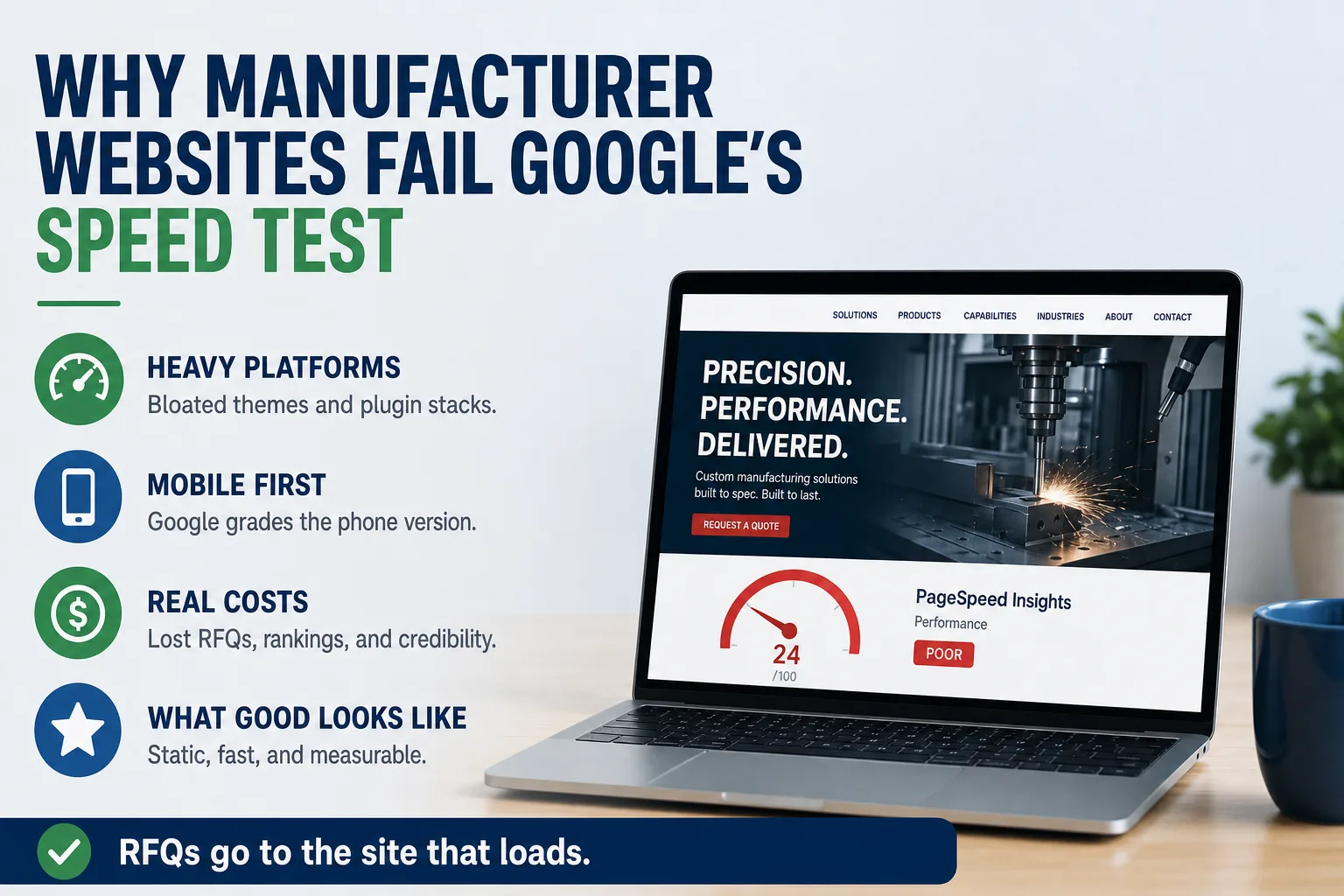 Infographic: why manufacturer websites fail Googles speed test - heavy platforms, mobile-first grading, real costs, and what good looks like