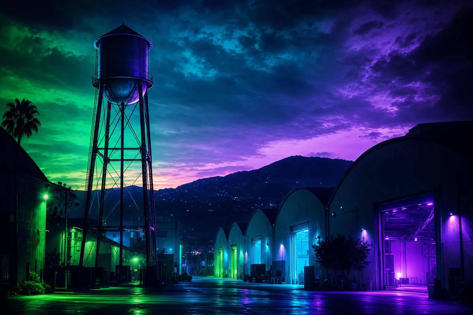 Stylized dusk view of a Burbank studio backlot with a vintage water tower and soundstages below the Verdugo Hills