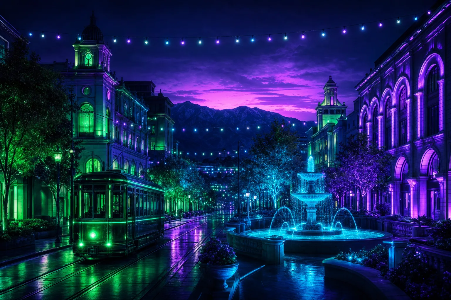 Stylized evening view of an elegant Glendale shopping boulevard with a trolley and fountain plaza