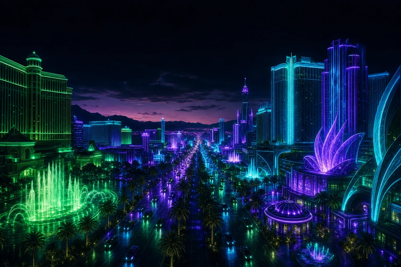 Stylized night view of the Las Vegas Strip with neon-lit towers and glowing fountains