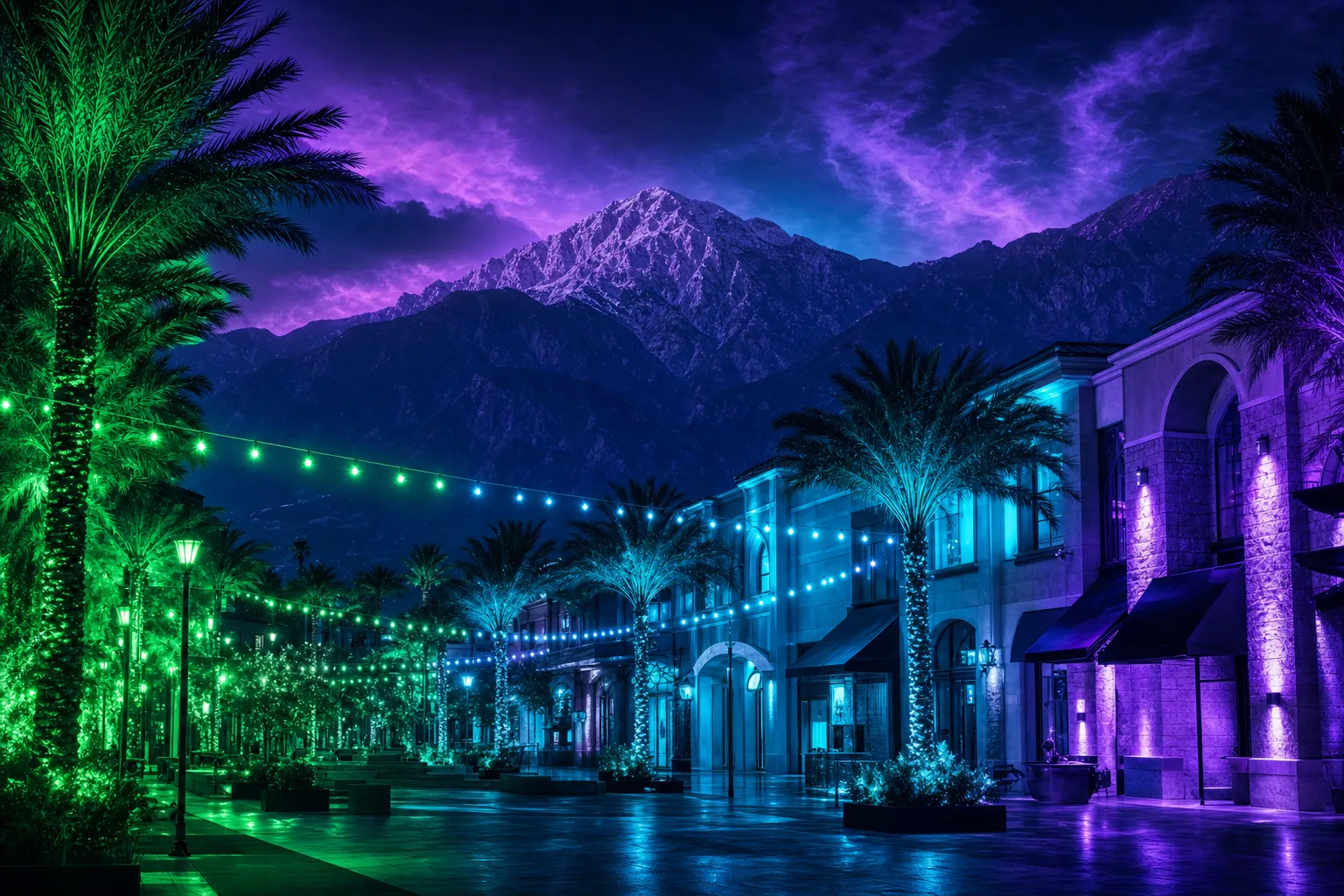 Stylized evening view of an open-air promenade in Rancho Cucamonga with Cucamonga Peak rising behind