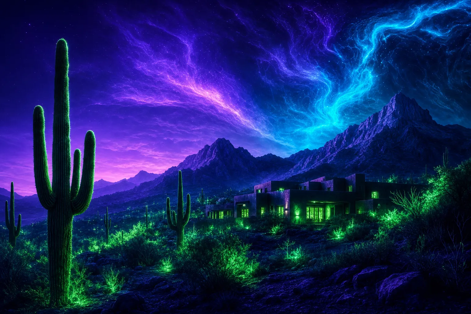 Stylized dusk view of the Sonoran desert in Scottsdale with saguaro cacti and the McDowell Mountains